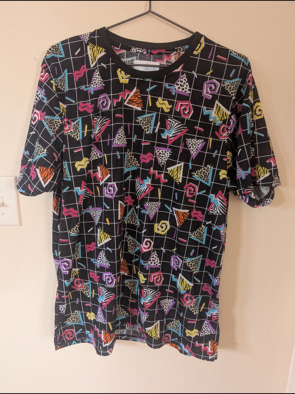 Black Graphic Geometric Print Tee with Neon Accents XL